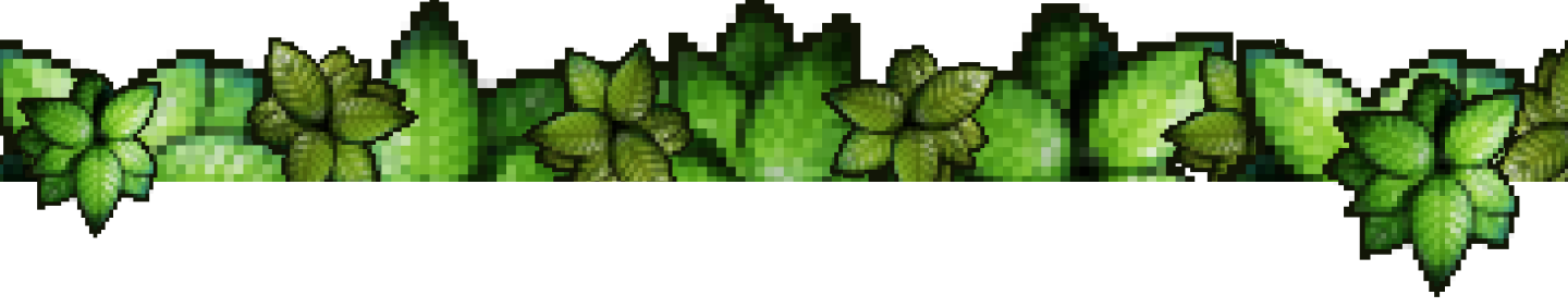 Pixelkunst von grünen Blattpflanzen, die mit dichtem Laub in verschiedenen Grüntönen einen horizontalen Rand bilden.