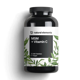 MSM mit Vitamin C Tabletten von Natural Elements, essentiell für die Kollagensynthese, unterstützen die Bildung von Proteinen und schwefelhaltigen Aminosäuren