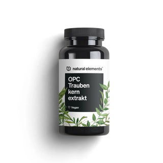 Eine schwarze Plastikflasche mit der Aufschrift „OPC Traubenkernextrakt, Vegan, natürliche Elemente“ mit grünen Blattillustrationen auf weißem Hintergrund.