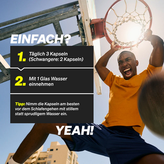 Ein Mann in Sportkleidung dunkt einen Basketball; auf der linken Seite des Bildes ist ein Anleitungstext zur Einnahme von Nahrungsergänzungsmitteln eingeblendet.