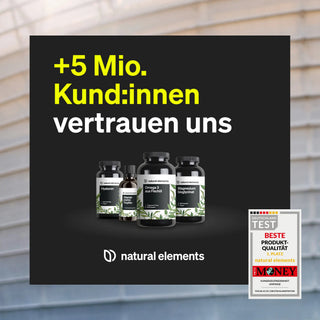 Text "+5 Mio. Kund:innen vertrauen uns"; fünf Supplement-Fläschchen; Produktqualitätssiegel unten rechts.