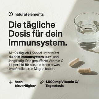 Der deutsche Text hebt die natürlichen Bestandteile einer täglichen Vitamin-C-Ergänzung zur Unterstützung des Immunsystems hervor.